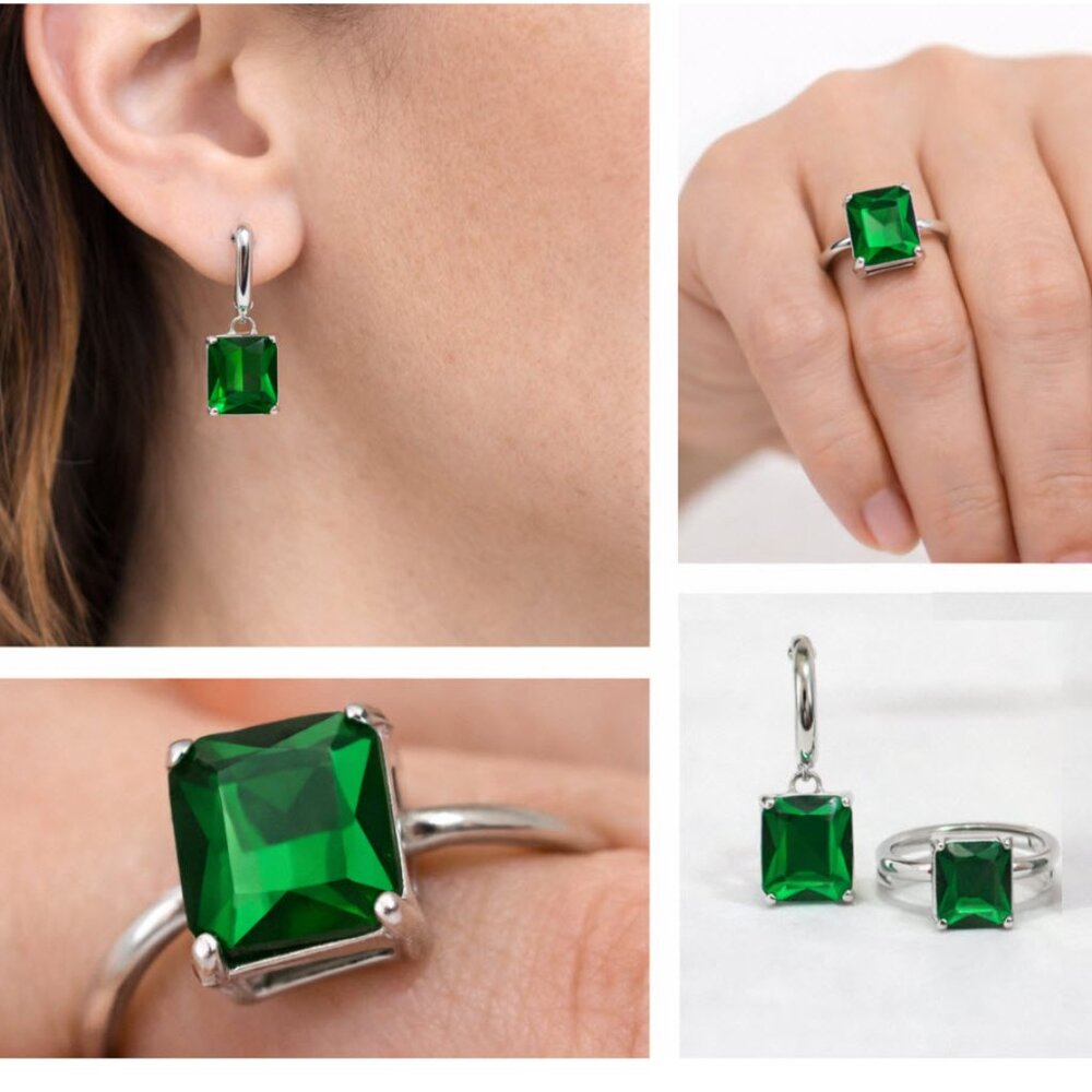 Silver Green Gem Dangle Earrings + Adjustable Ring Set Statement Jewelry